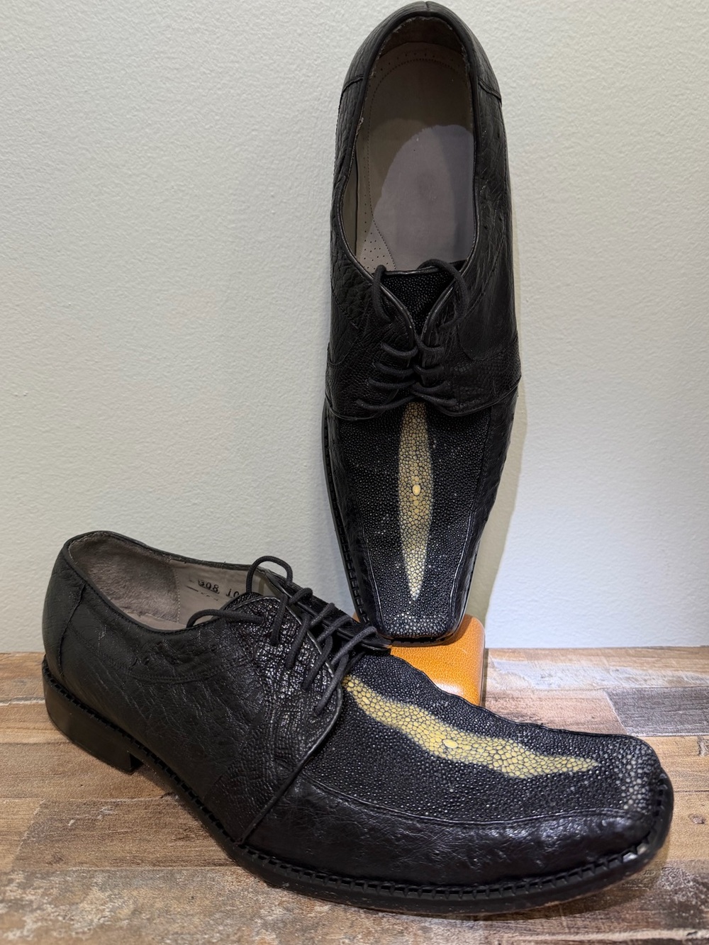 Vntg Exotic Stingray Ostrich Leather Square Toe Lace Handmade Italy Shoes (12*)